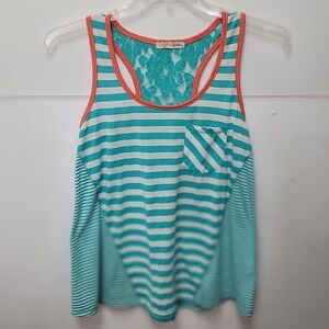 Rewind Tank Women's Top Teal White Striped Lace Back Boho Casual Beachy Resort M